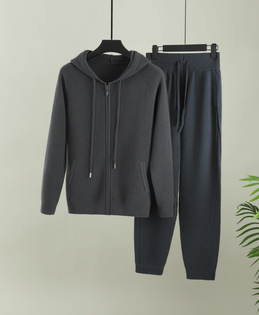 男式冬季100%纯山羊绒连帽拉链套装