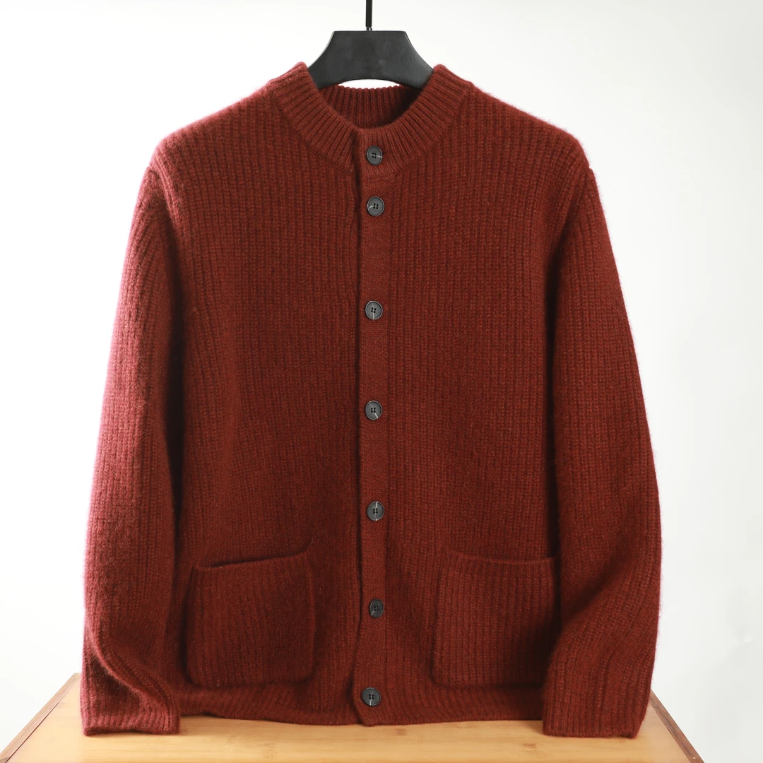 100%山羊绒加厚男式元宝针开衫立领针织外套