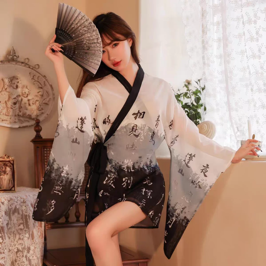 【百字经文】古风长袖复古薄款中国风飘逸性感气质印花宽松日常睡裙