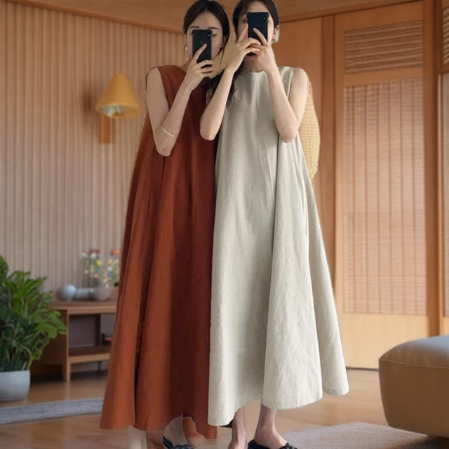 天然棉麻连衣裙】宽松雅丹纯色遮肉大摆无袖长款高级棉麻女连衣裙