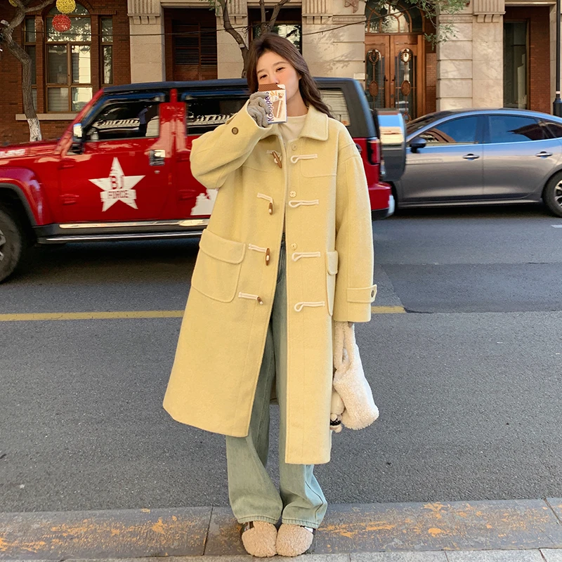 2024年新款秋冬季简约气质毛呢外套女过膝长款连帽牛角扣呢子大衣