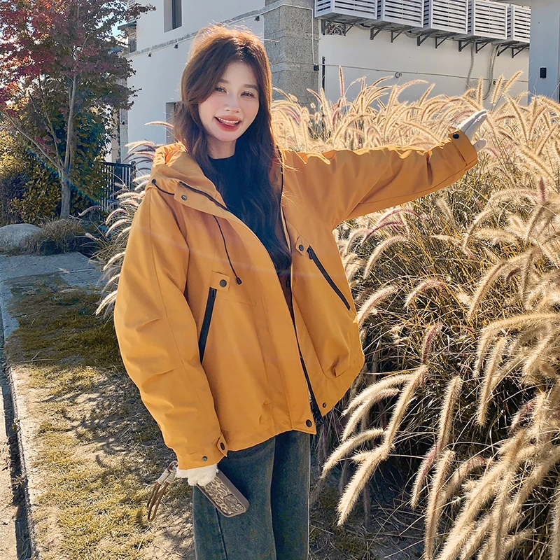 桔色工装冲锋衣羽绒服女2024冬季新款超好看小个子白鸭绒派克服潮