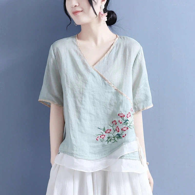 夏季女装V领短袖上衣女拼色包边假斜襟双盘扣中国风衬衫茶服宽松