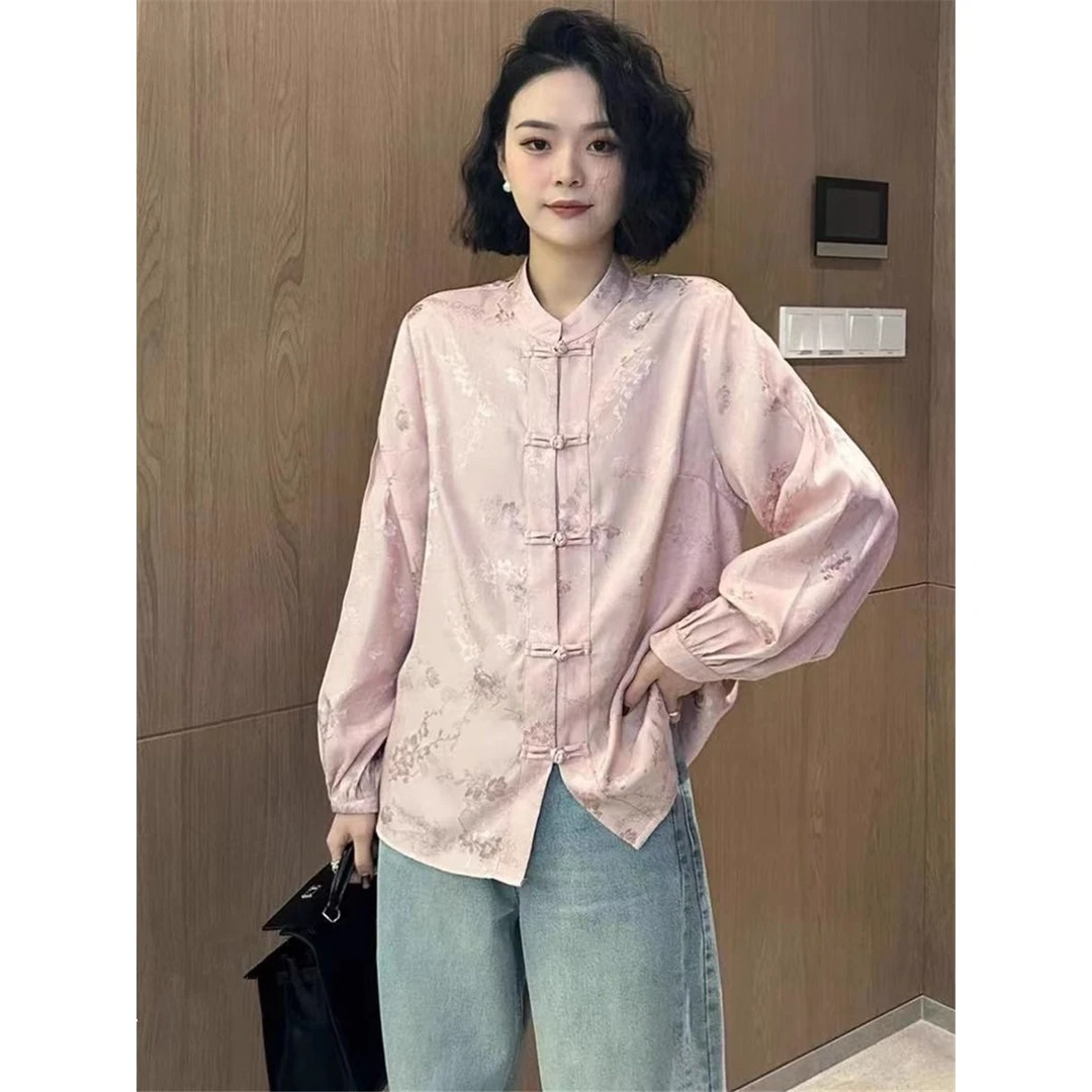 X早春新中式国风盘扣刺绣提花长袖衬衫女高级感百搭宽松气质上衣