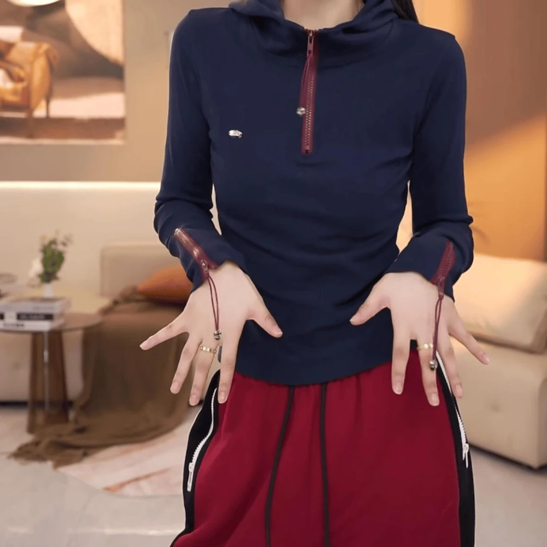 重工半拉链金属标连帽长袖T恤女2024早秋新款时尚百搭显瘦打底衫