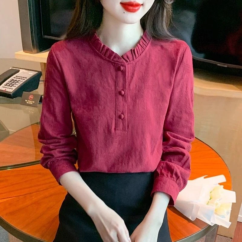 荷叶领提花棉麻女士衬衫春季2025新款百搭时尚显瘦长袖小衫上衣