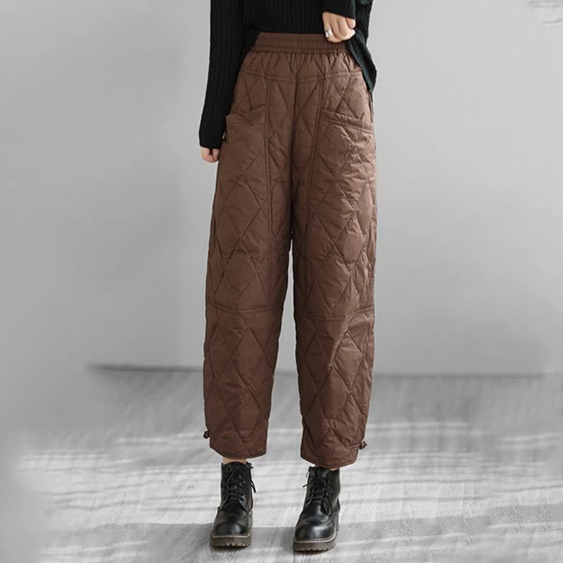 冬季新品文艺复古纯色菱格棉裤防风保暖加厚宽松休闲裤女