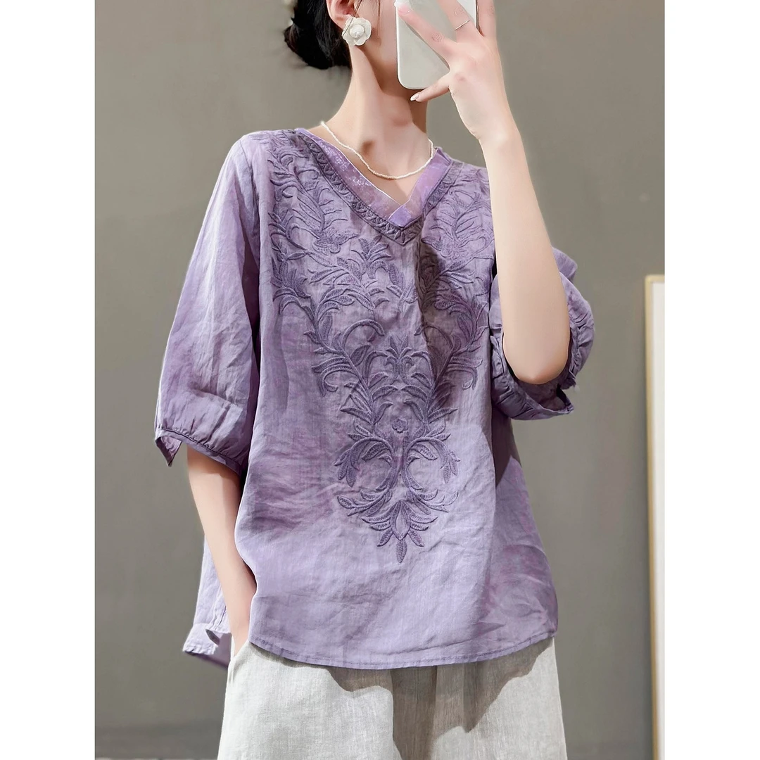 【棉麻刺绣】夏季新款纯色v领半袖T恤衫女复古文艺宽松休闲气质上衣