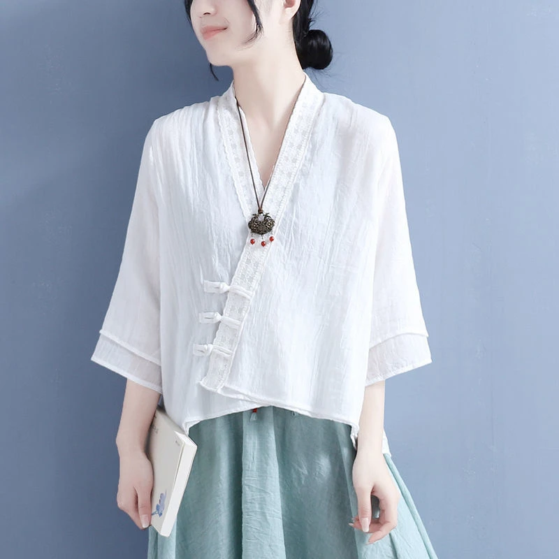 中国风棉麻中袖衬衫女装上衣女年轻改良汉服唐装民国服茶艺服