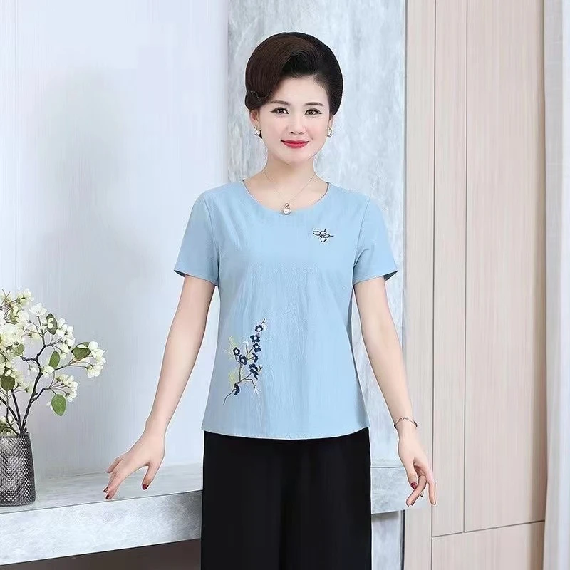 文艺复古花朵刺绣棉麻圆领短袖T恤女夏季新款大码宽松百搭女减龄