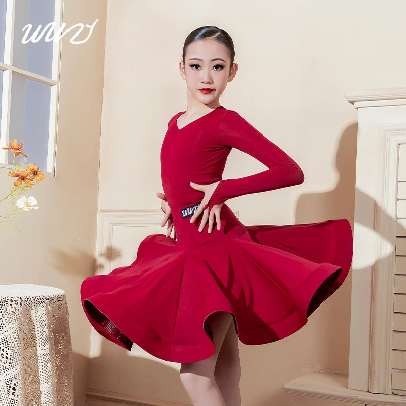 女童拉丁舞蹈服专业比赛服儿童高级演出服考级服长袖分体大摆裙