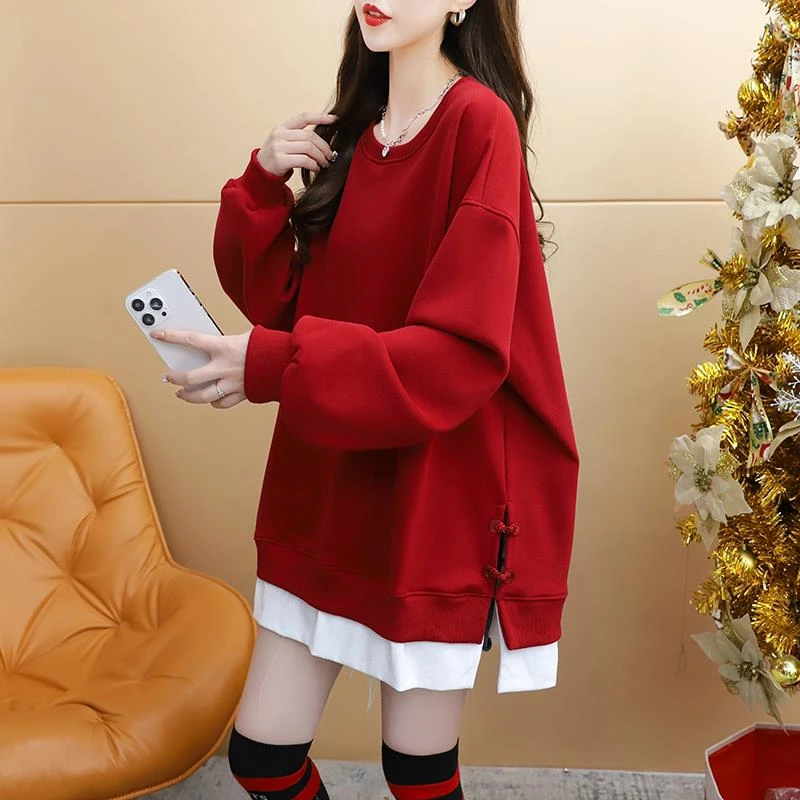网红设计感拼接卫衣女秋冬慵懒风宽松假两件加绒加厚上衣2024新款