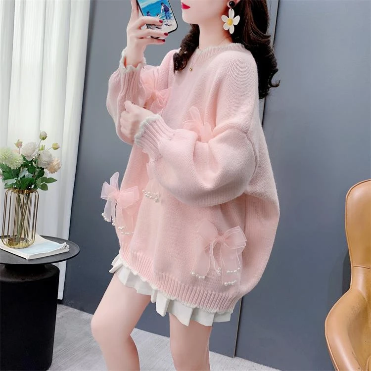 甜美减龄粉色蝴蝶结圆领毛衣女外穿2024新款秋冬宽松慵懒风针织衫