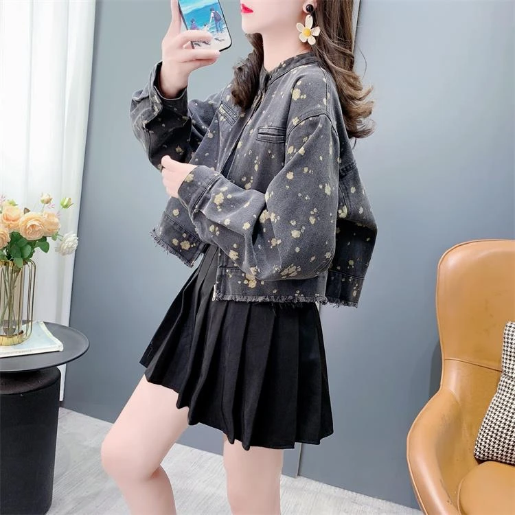 高级感复古港味牛仔外套女秋季2024新款宽松做旧印花显瘦长袖上衣