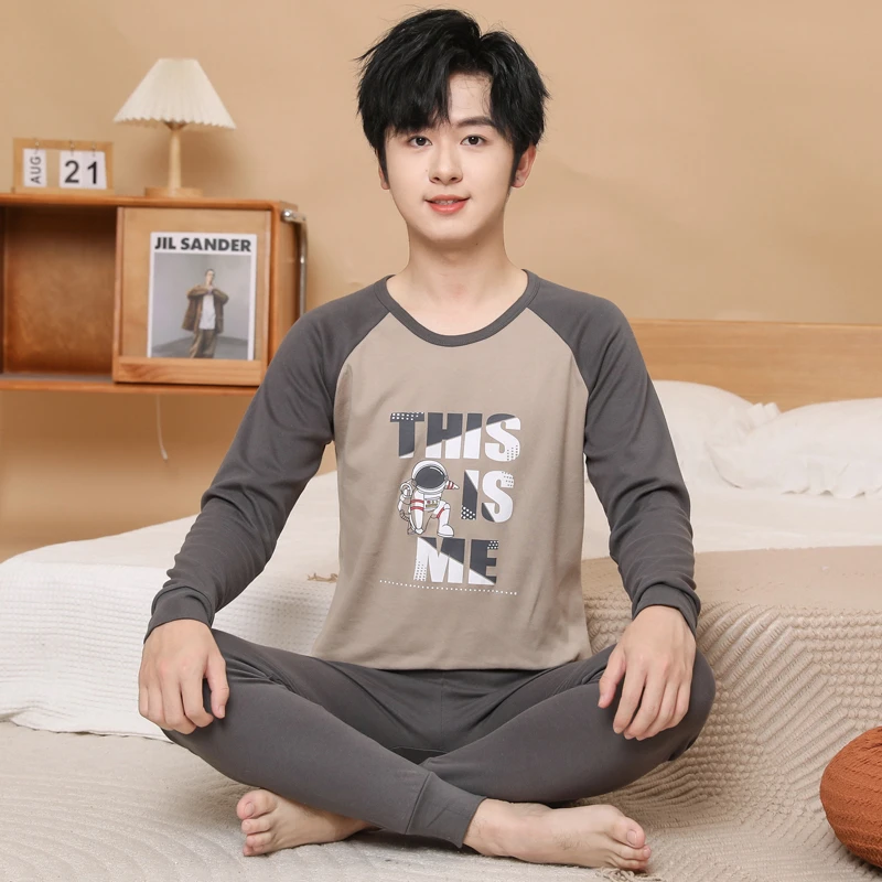 100%纯棉青少年内衣秋衣秋裤套装初中生全棉中大童学生男童薄保暖