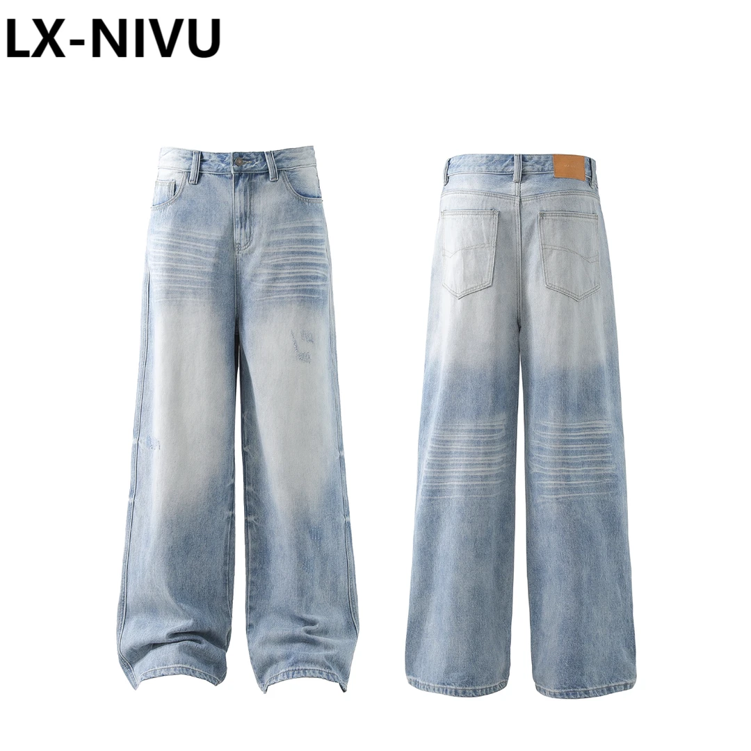 冰川蓝牛仔裤男美式复古水洗cleanfit秋冬季宽松直筒堆积感直筒裤