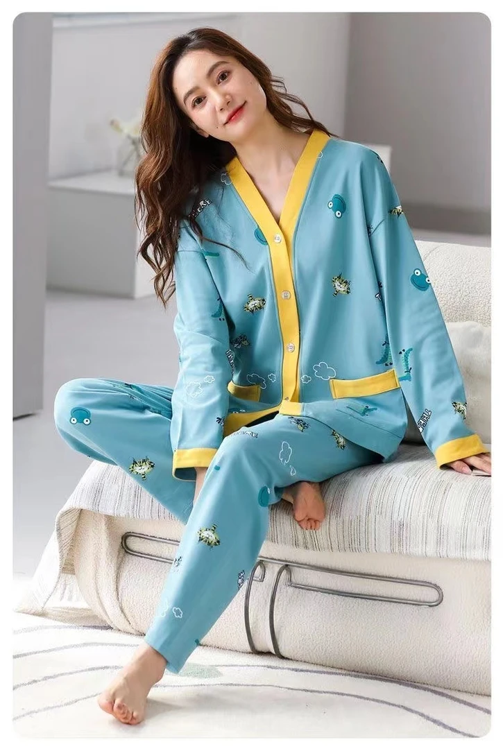 女士卡通睡衣长袖套装大码时尚宽松可外穿家居服舒适休闲纯棉
