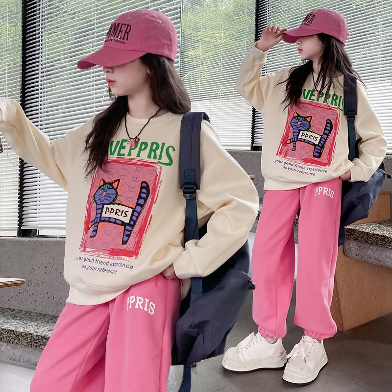 韩版秋冬甜美风宽松女童卫衣卫裤中大童休闲运动套装洋气时髦衣服