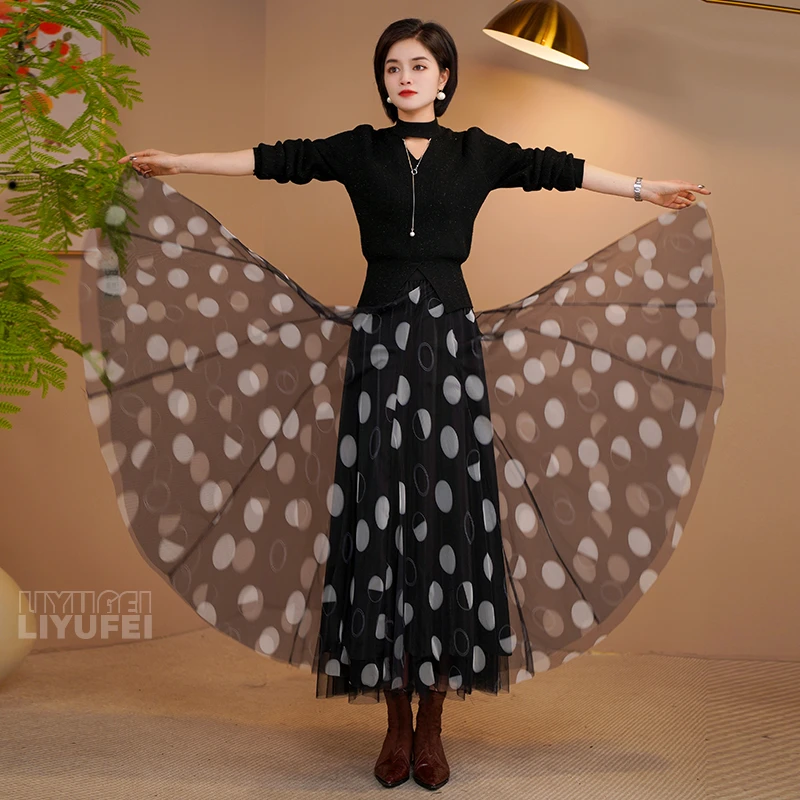 冬季【正反两穿】波点印花网纱+烫钻星光裙秋冬气质显瘦遮肉半身裙