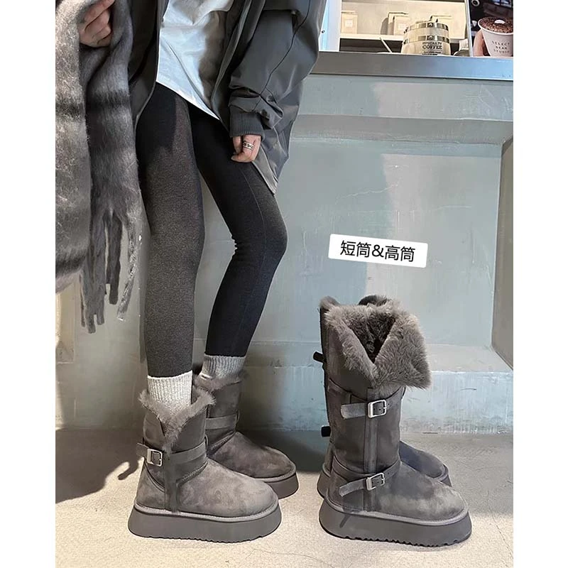 戈森定制灰色雪地靴女2024冬季新款厚底增高加绒加厚长筒雪地棉鞋