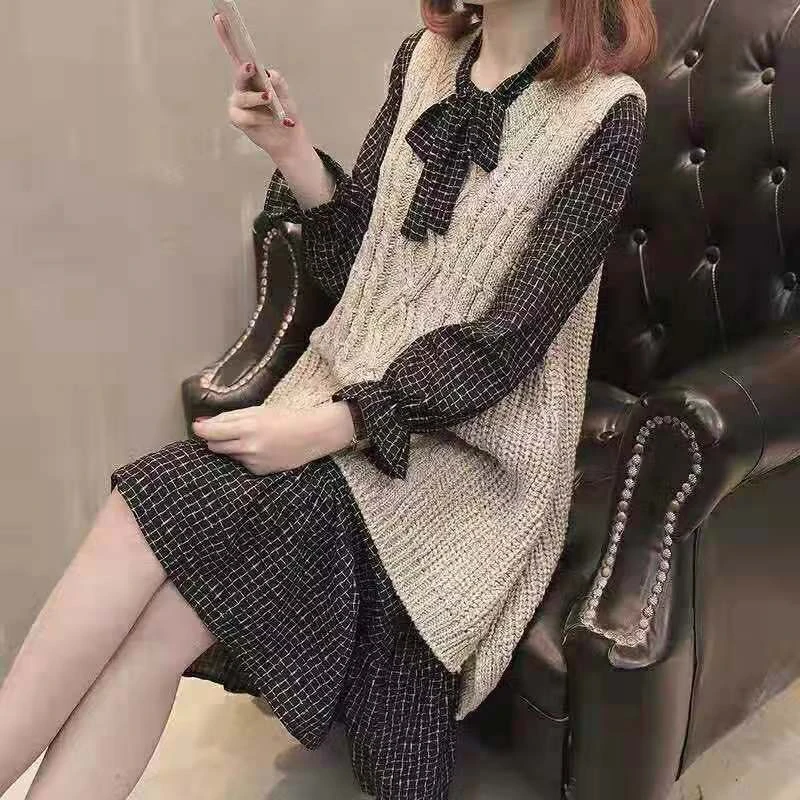 两件套马甲毛衣春秋新款女时髦长款宽松大码针织衫马甲裙子两件套
