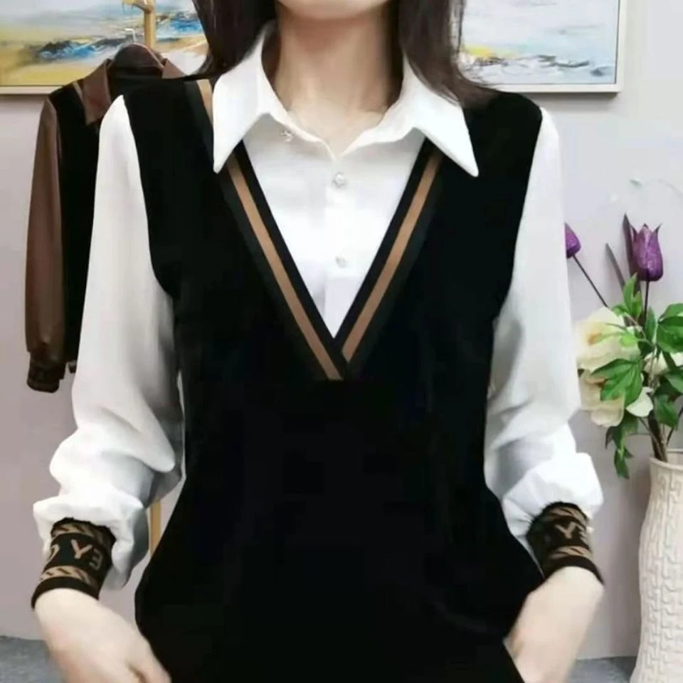 年轻时尚妈妈高端女士衬衫2024新款韩版春装长袖女装遮肚子假两件