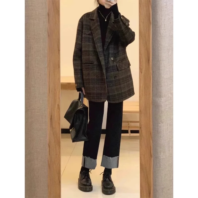 西装领毛呢外套女秋冬大码胖mm宽松赫本风高级复古春游呢子大衣