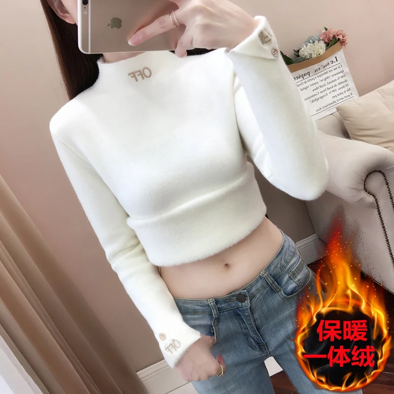 一体绒打底毛衣女2022冬季半高领加绒加厚修身内搭保暖针织衫上衣