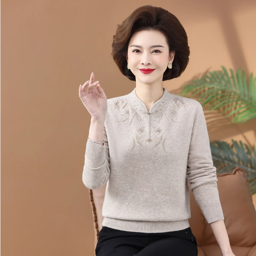 100%纯羊毛旗袍领羊毛衫女装妈妈装中年中老年羊毛衫女100%纯羊毛