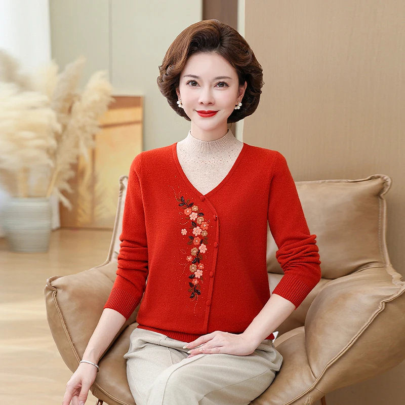 100%纯羊毛半高领羊毛衫女装妈妈装中年中老年百搭针织上衣假两件