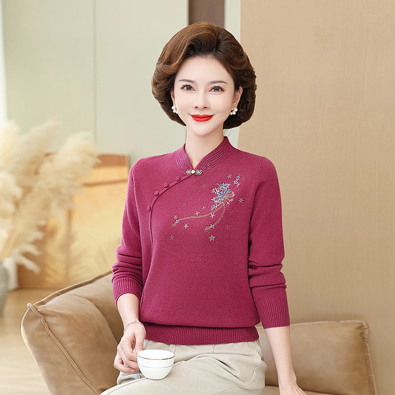 100%纯羊毛旗袍领羊毛衫女装妈妈装中年中老年百搭针织刺绣上衣