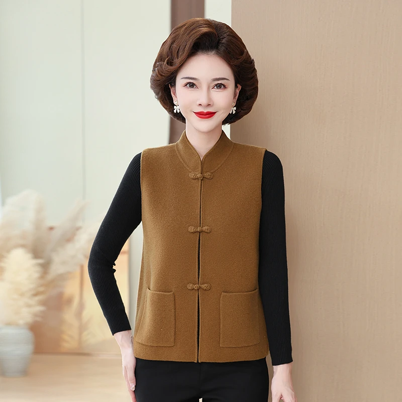100%纯羊毛国风马甲中老年百搭羊毛针织衫口袋妈妈装中年秋冬女装