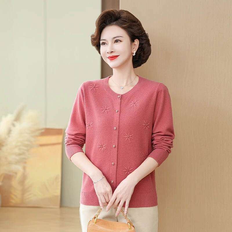 100%纯羊毛圆领针织开衫羊毛衫女装妈妈装长袖中年中老年宽松冬季