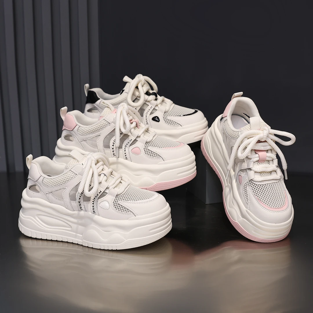 殊彩6CM厚底增高2025网面小白鞋女透气松糕休闲运动鞋小个子板鞋