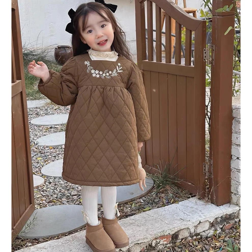 女童冬季新款夹棉套装洋气女宝宝刺绣中长款棉衣裙打底衫两件套