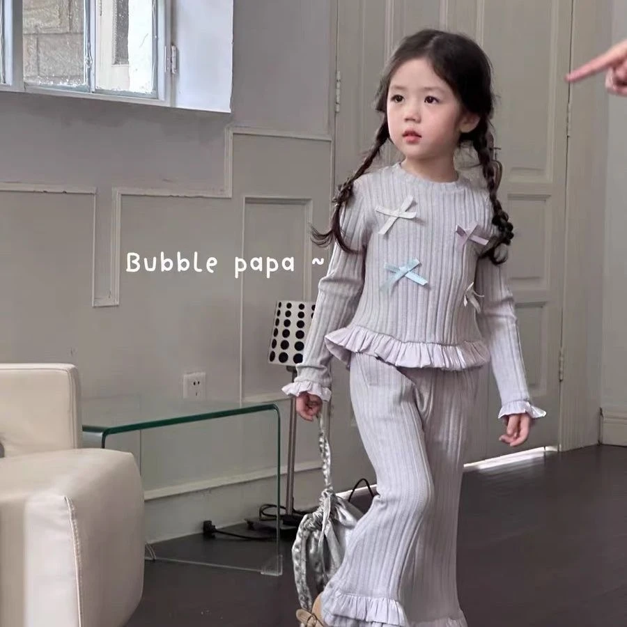 女童秋季新款针织套装洋气女宝宝蝴蝶结花边上衣喇叭裤两件套