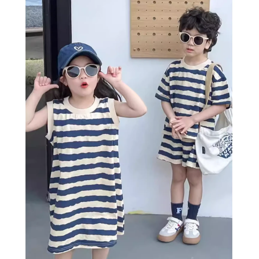 兄妹装夏季条纹背心连衣裙夏款儿 童姐弟装2024新款短袖t恤套装