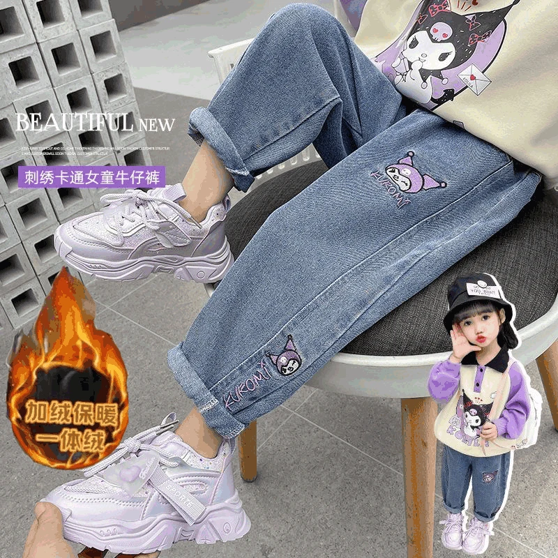女童秋冬加绒新款牛仔裤刺绣卡通百搭女宝宝宽松休闲裤子