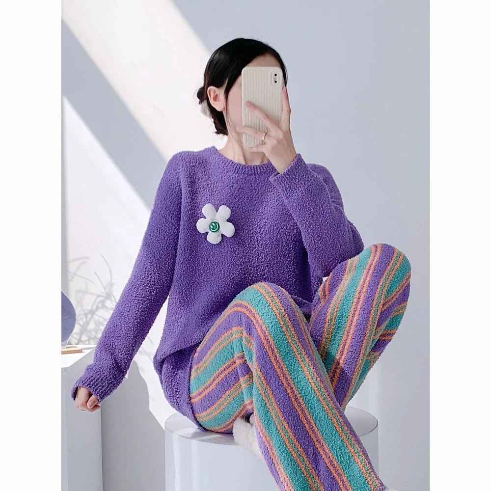 秋冬款软绵绵半边绒睡衣女冬季新款甜美加厚保暖家居服套装可外出