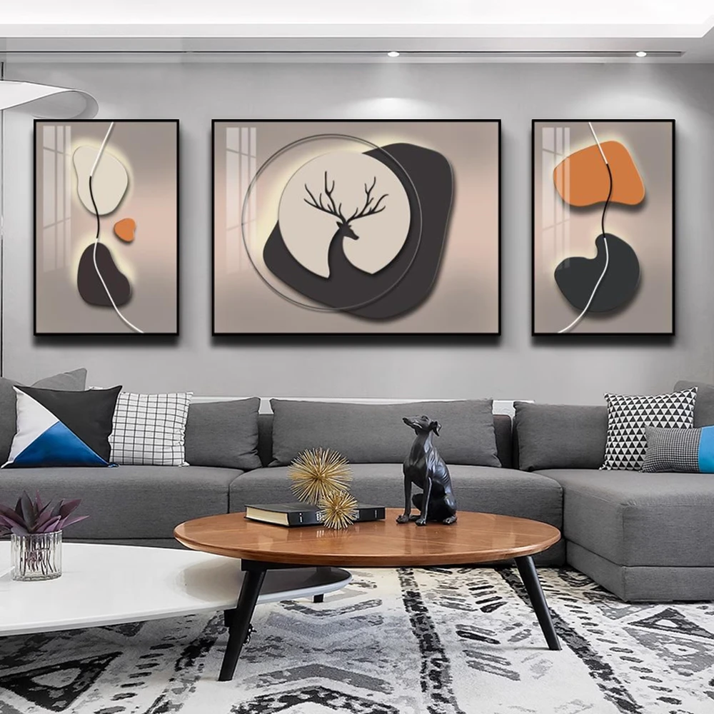 现代简约客厅画抽象几何鹿新款九鱼图三联画轻奢壁挂墙上装饰品