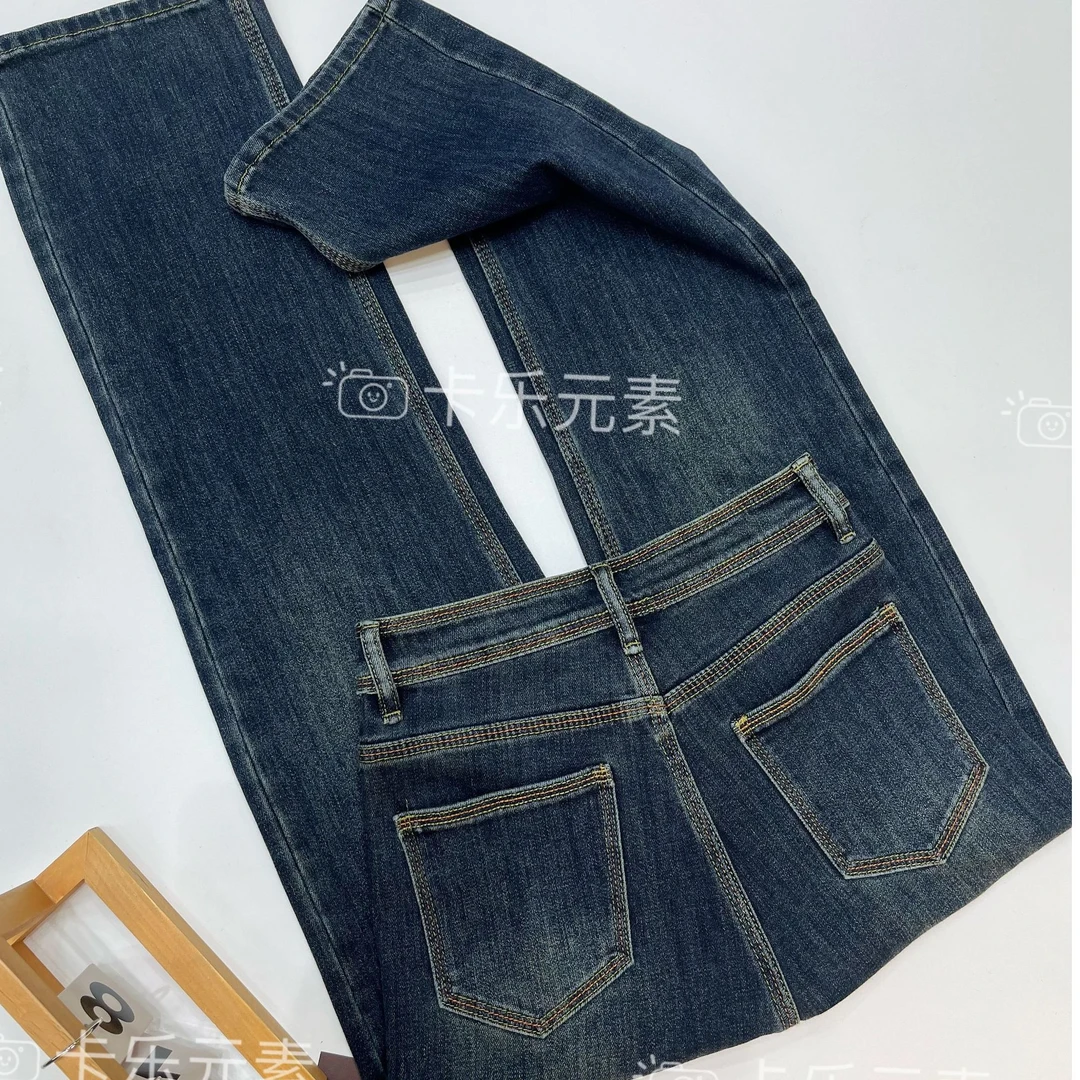 KALEELEMENT/卡乐元素窄版直筒牛仔裤女秋季新款高腰显瘦阔腿裤