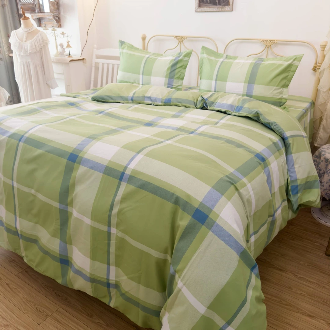 高支高密水洗斜纹棉床单 【简约绿格】