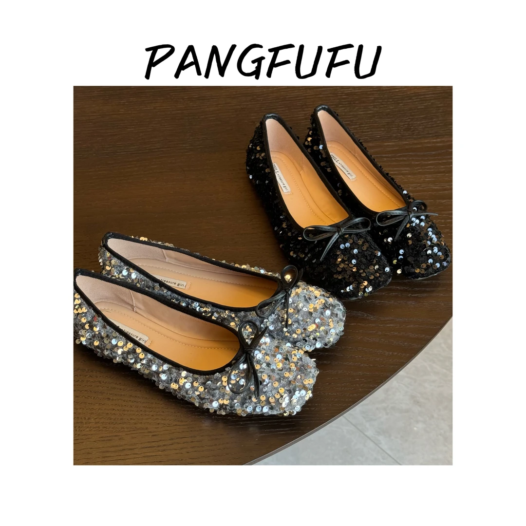 【胖福福大码女鞋】时尚方头浅口亮片蝴蝶结平底单鞋