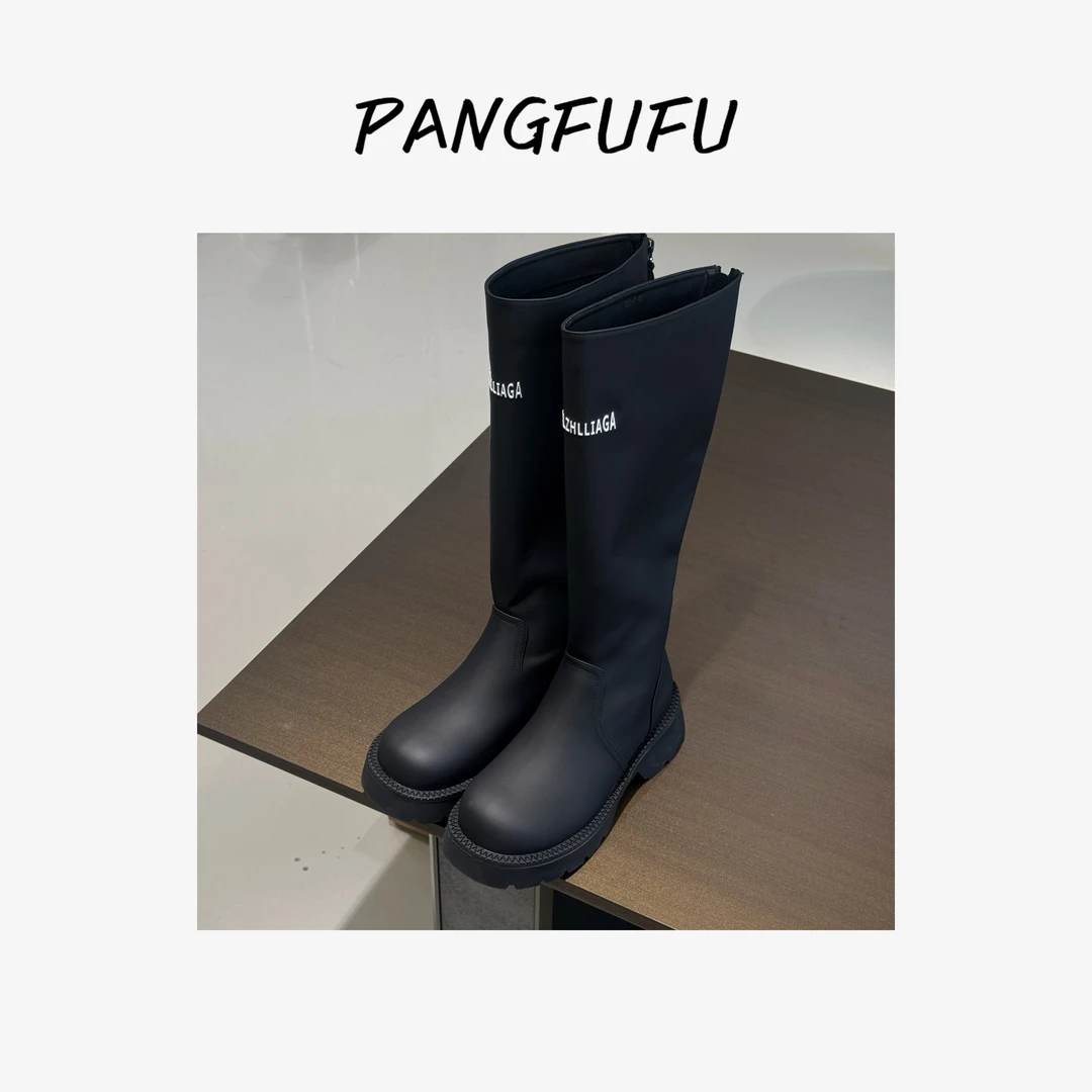 【胖福福大码女鞋】大码磨砂字母长筒靴粗腿大筒围骑士靴高筒靴