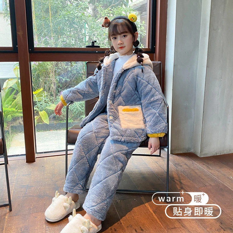 儿童保暖睡衣加绒加厚秋冬款6-12岁可爱三层夹棉女童珊瑚绒家居服