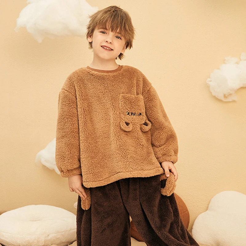 男童睡衣秋冬法兰绒新款宽松柔软珊瑚绒小女孩套装休闲女童家居服