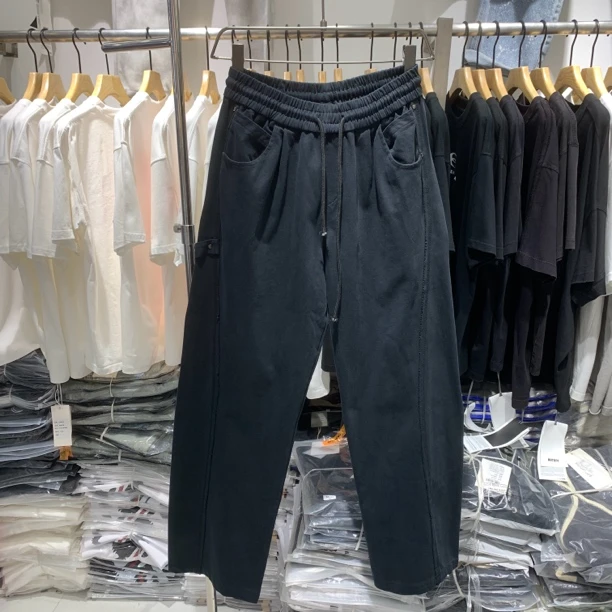 2533秋冬男士长裤宽松重磅420克弯刀扭缝茧型破坏做旧水洗卫裤