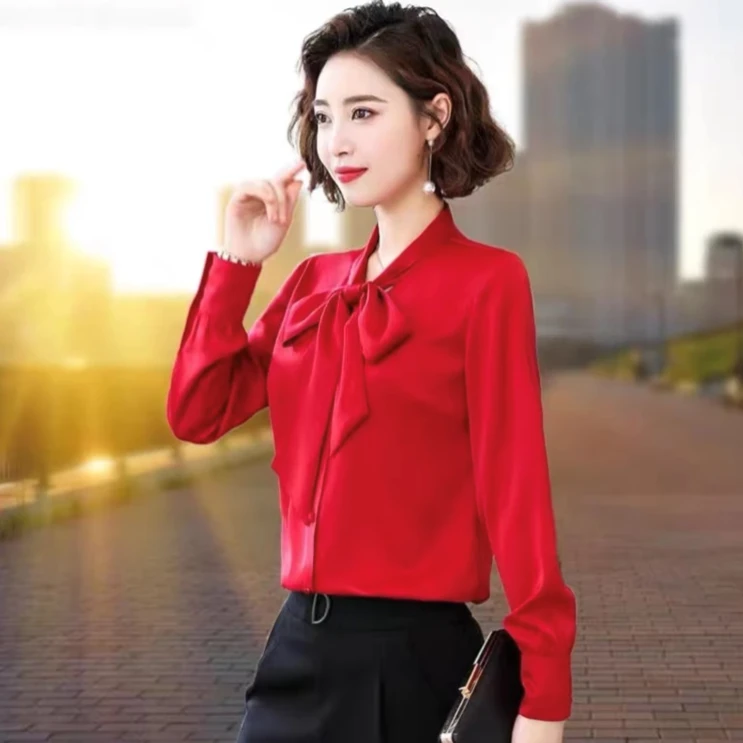 蝴蝶结长袖女时尚衬衫缎面飘带2023年春季新款打底衫百搭修身纯色