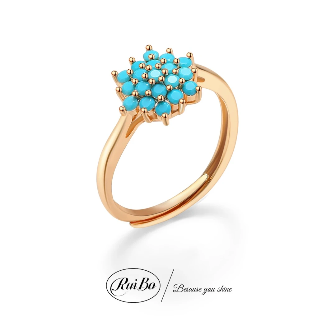 铜合金戒指 RuiBo/小众设计可调节戒指时尚简约蓝色锆石气质戒指