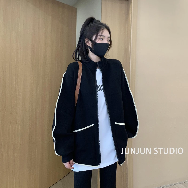 慵懒风秋冬加绒显瘦外套宽松撞色棒球服 休闲百搭 学生党早八穿搭